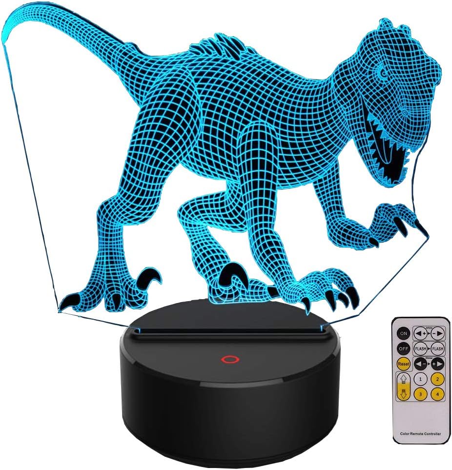 Dinosaur 3D Night Lights for Kids Christmas Gift Birthday Indoraptor Toy 3D Illusion Lamp Led Animal Light Gifts for Boys Home Bedroom Party Supply Decoration 7 Color Remote Raptor (raptor1remote)