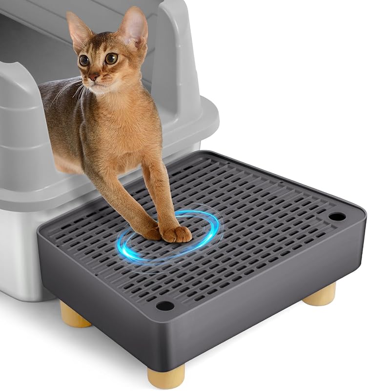 Degrau com Tapete Coletor de Areia para Caixa de Gatos Bartuke, Plástico com Pés de Madeira, Cinza-Escuro