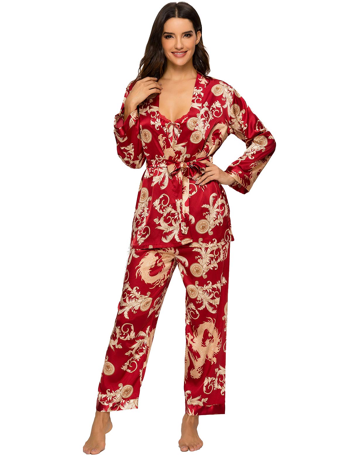 Escalier Ensemble de Pyjama 3 pièces en Satin de Soie pour Femme - Motif Floral Soyeux - Vêtement de Nuit Caraco avec Peignoir et Pantalon, Vin, M