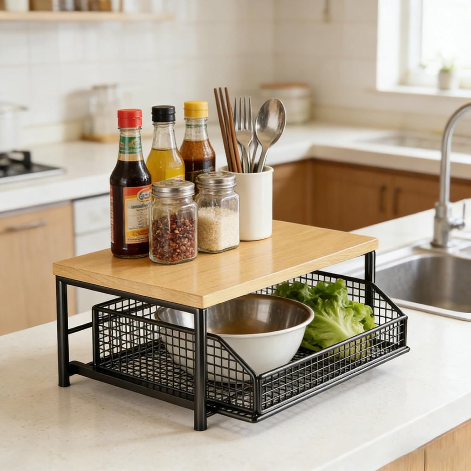 Küchen-Arbeitsplatten-Organizer mit Schublade und Drahtkorb, 2-stöckiges Holzregal für Kaffeestation, platzsparende Aufbewahrung für Mikrowelle, Toaster, Gewürze und Küchenutensilien