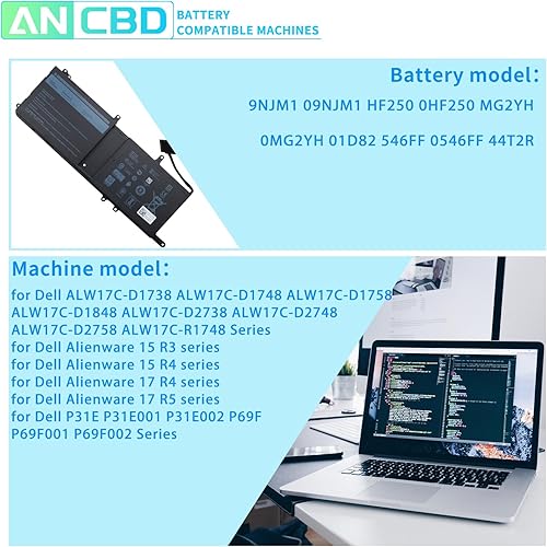 Miniatura 5 de 9NJM1 - Batería para portátil compatible con Dell Alienware 17 R4 R5 15 R3 R4 P31E P69F P31E001 P31E002 P69F001 P69F002 HF25D 01D82 546FF 0546FF