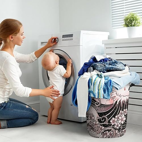 Miniatura 6 de Cesta de lavandería japonesa con asas, impermeable, plegable, con diseño de flores, con asas, tamaño único