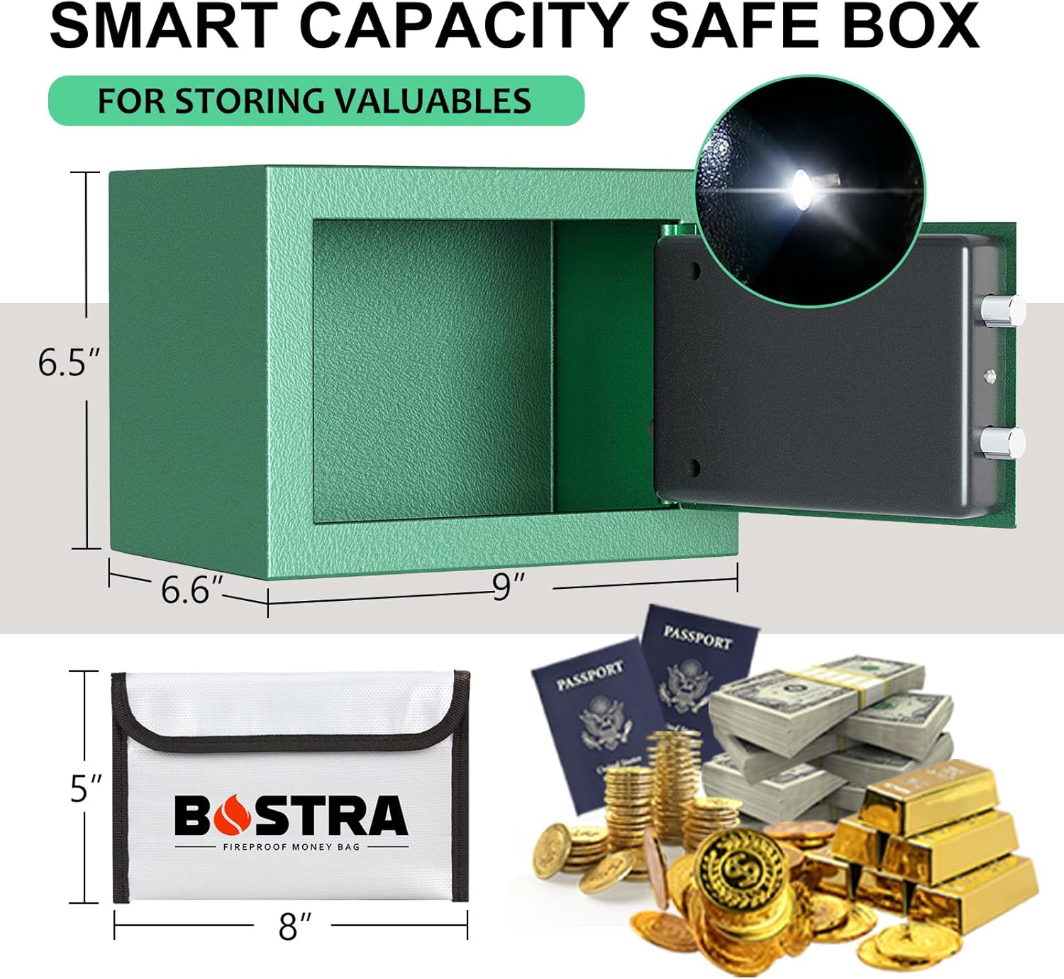 Bostra Fireproof Safe Box with Sensor Light & Fireproof Bag, Digital Keypad, Home Security Safe for Cash & Jewelry - Green, 0.23 Cubic Small