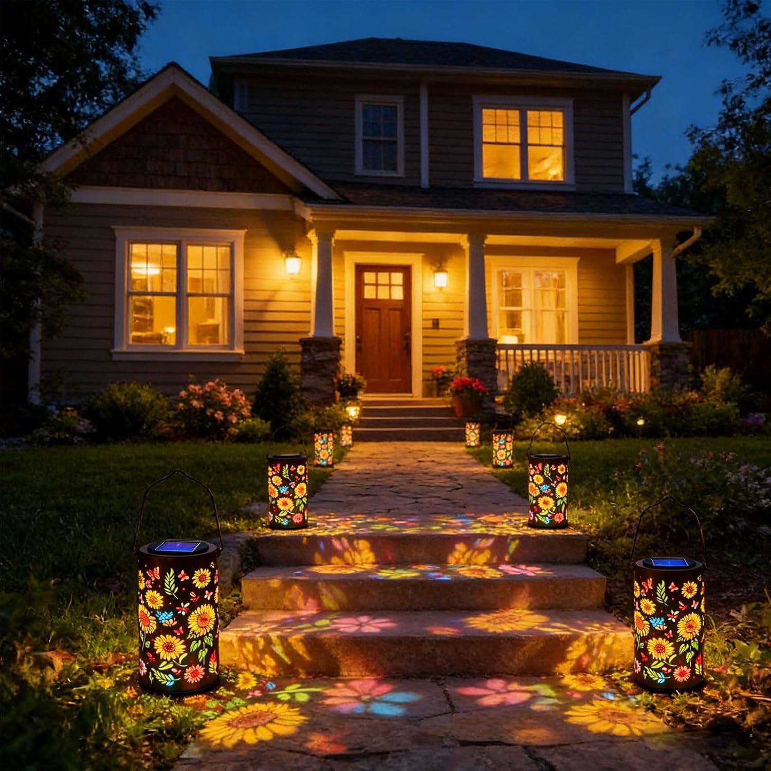 Colorful Sunflower Glow Solar Garden Lantern, IP65 Sunflower Solar Lights Outdoor with Colorful Projection, Metal Solar Powered Garden Decor for Patio, Yard, Gifts 8pcs