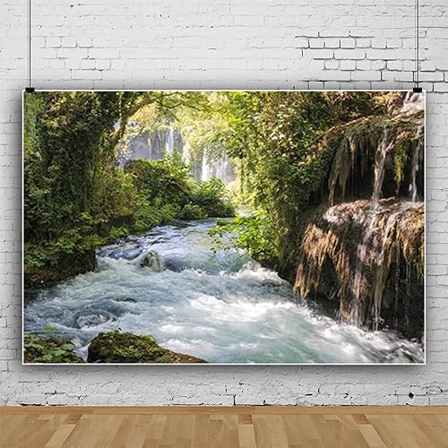 Miniatura 3 de Baocicco Fondos de vinilo de 15 x 10 pies para fotografía de fondo de montaña y paisaje acuático, hermosa cascada y río, árbol antiguo al aire