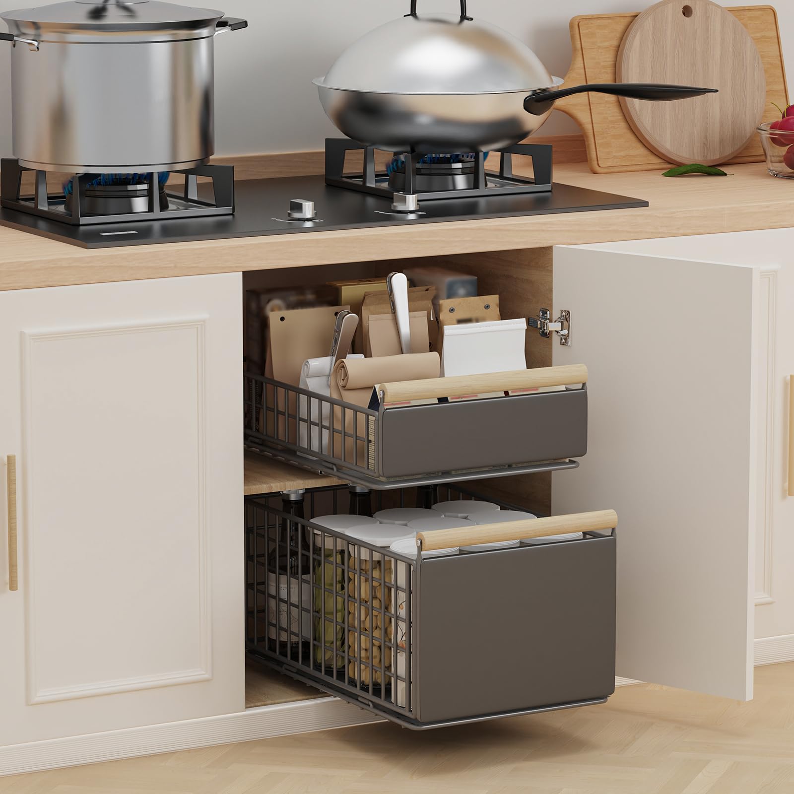 Cassetti Estraibili per Cucina, Cestelli, Organizer Sottolavello, Organizzatore con Nanofolie Autoadesiva, Mobile Armadio, Senza Necessità di Forare e Inchiodare, 2 Pack, 39.5×23.5×19.5cm