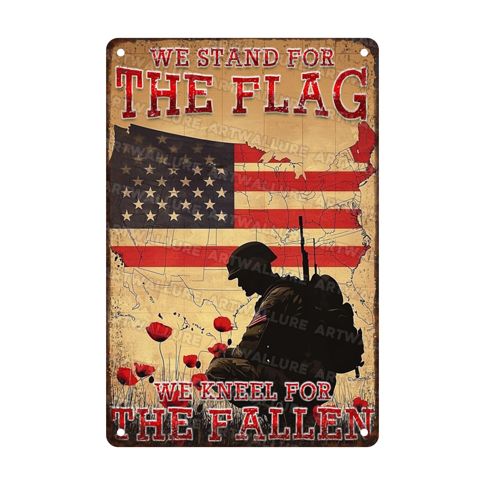 Memorial Day Sign We Stand For The Flag We Kneel For The Fallen Vintage Soldier America Flag Art Metal Sign Decor Retro Veteran Day Tin Sign 8x12inch