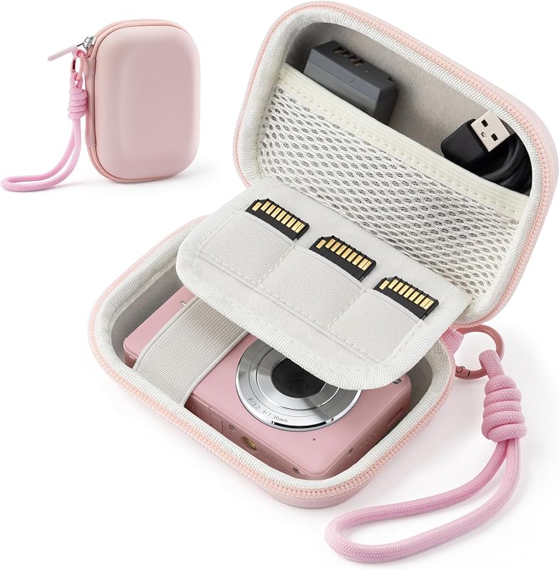 Camera Case for Digital Camera CAMKORY DC403 FHD 1080P/ KODAK PIXPRO FZ55/ FZ45, Small Travel Compact Camera Holder with Mesh Pocket for Accessories SD Card (Pink)