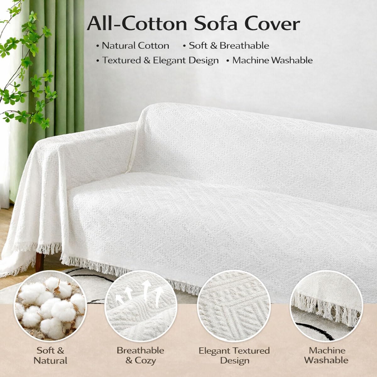 Housse de canapé en coton antidérapant pour canapé 3 places et canapé d'angle, doux, respirant, protection en fourrure crème, dimensions : 180 x 340 cm
