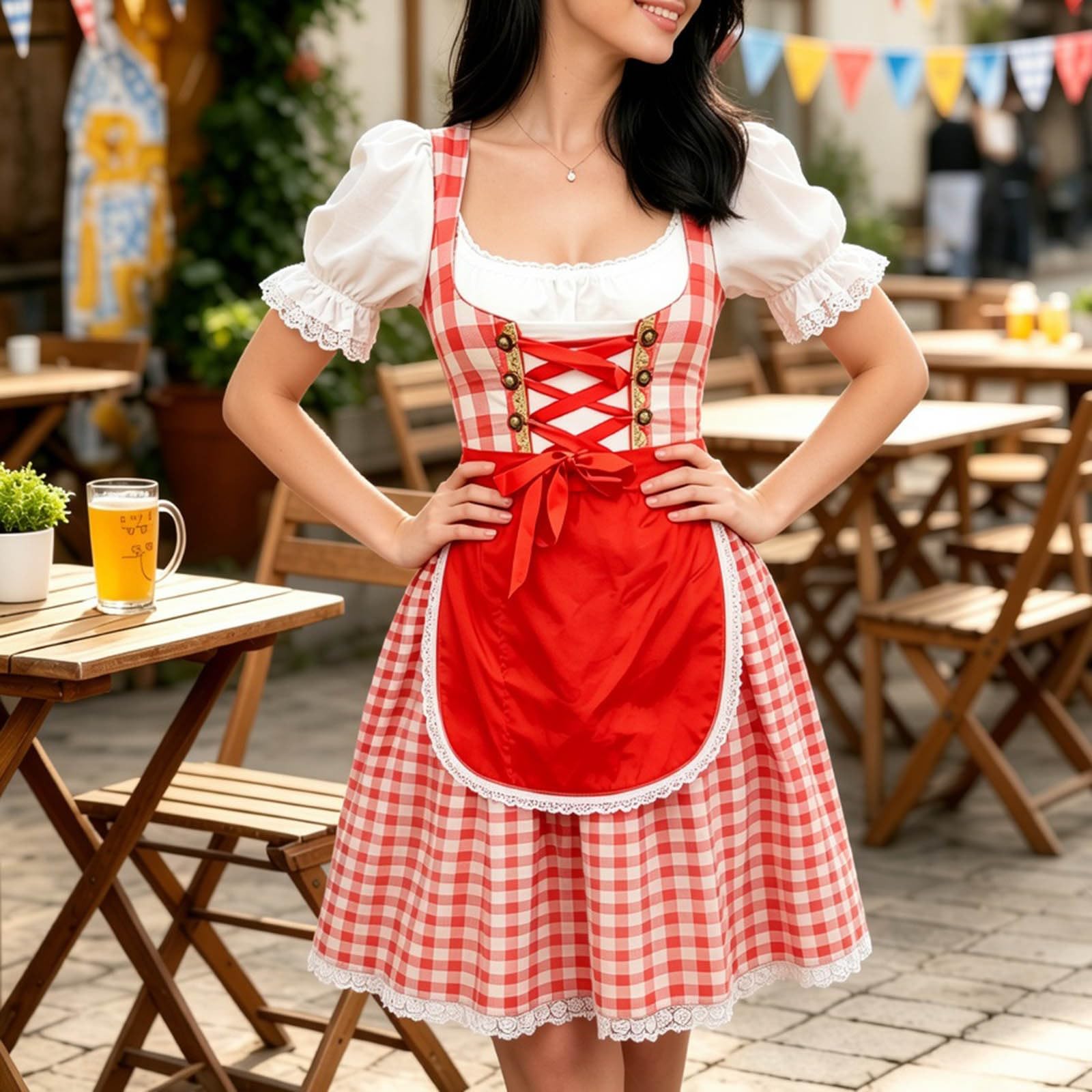 Generisch 2026 Dirndlkleid für Elegante große Größen traditionelle Tracht mit Spitze Dreireiher perfekt für Bar Outdoor-Events ganzjährig tragbar mit Stiefeln