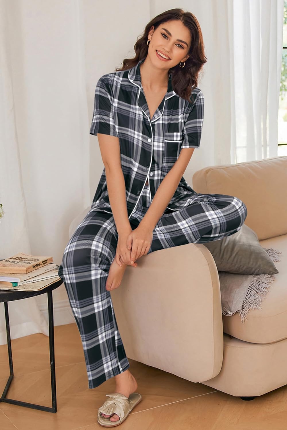 Ekouaer Womens Pajamas Set Plaid PJs Soft Button Down Sleepwear Short Sleeve Nightwear with Long Pants - Image 2