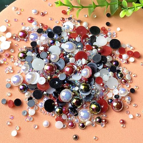 Miniatura 2 de Mezcla de diamantes de imitación de resina con parte trasera plana, 1.76oz, perlas medias redondas, tamaño mixto, 0.31 a 0.39 pulgadas, color AB,
