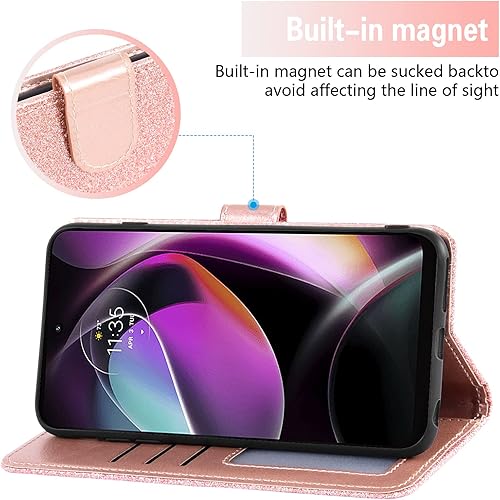 Miniatura 10 de Asuwish Funda de teléfono para Motorola Moto G 5G 2022 con protector de pantalla de vidrio templado y cartera con purpurina, soporte para tarjetas,
