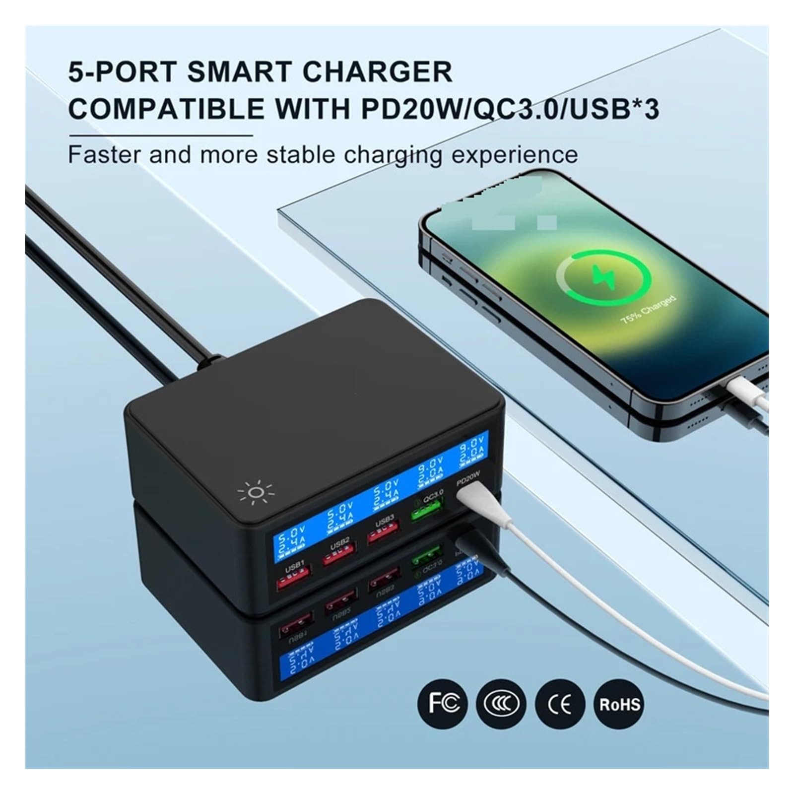 Stacja ładująca USB Szybka Ładowarka USB PD QC O Mocy 65 W, 5 Portów, Inteligentna Stacja Ładująca Hub, Adapter Szybkiego Ładowania USB C, Ładowarka Typu C, Wyświetlacz, Ładowarki Biurkowe.(Size:WHITE