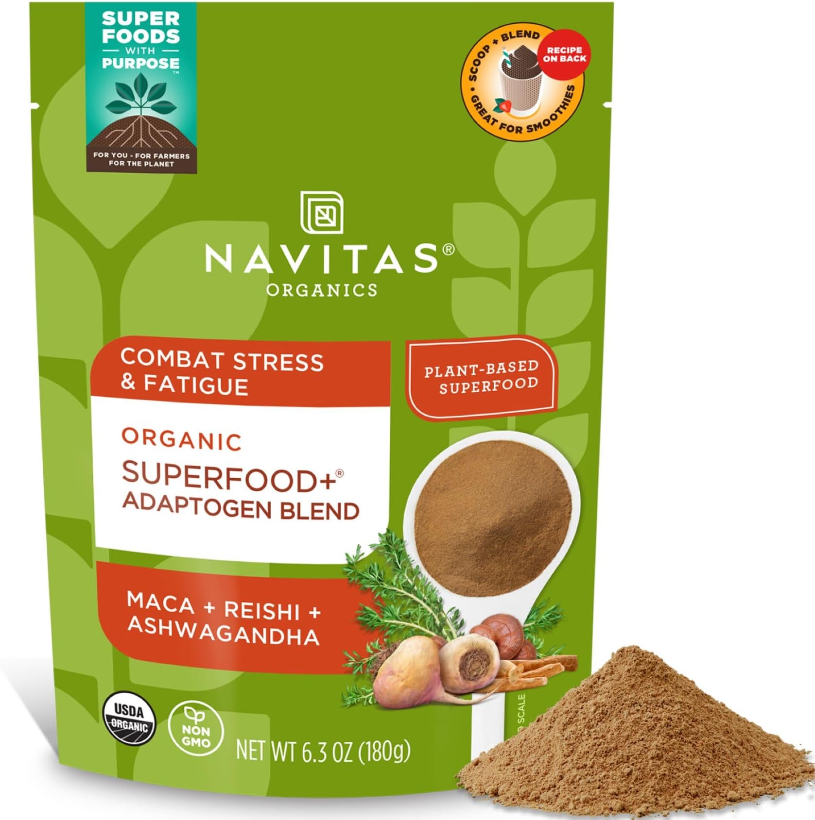 Superfood+ Adaptogen Blend for Stress Support (Maca + Reishi + Ashwagandha), 6.3oz Bag, 30 Servings — Organic, Non-GMO, Vegan, Gluten-Free, Keto & Paleo.