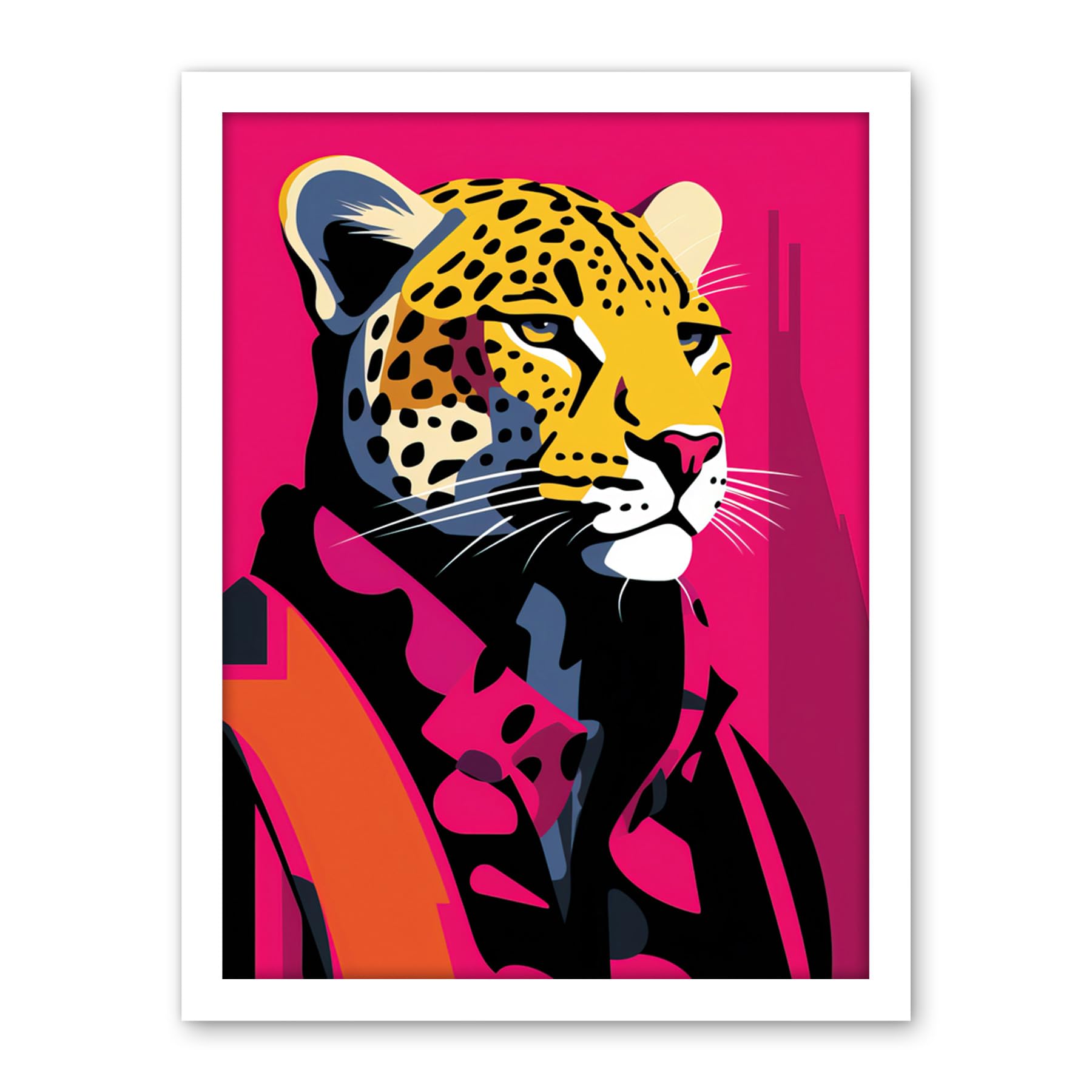 Artery8 Strong Leopard in Suit Bold Artwork Orange Pop Art Hot Pink Vibrant Portrait Artwork Framed Wall Art Print 18X24 Inch