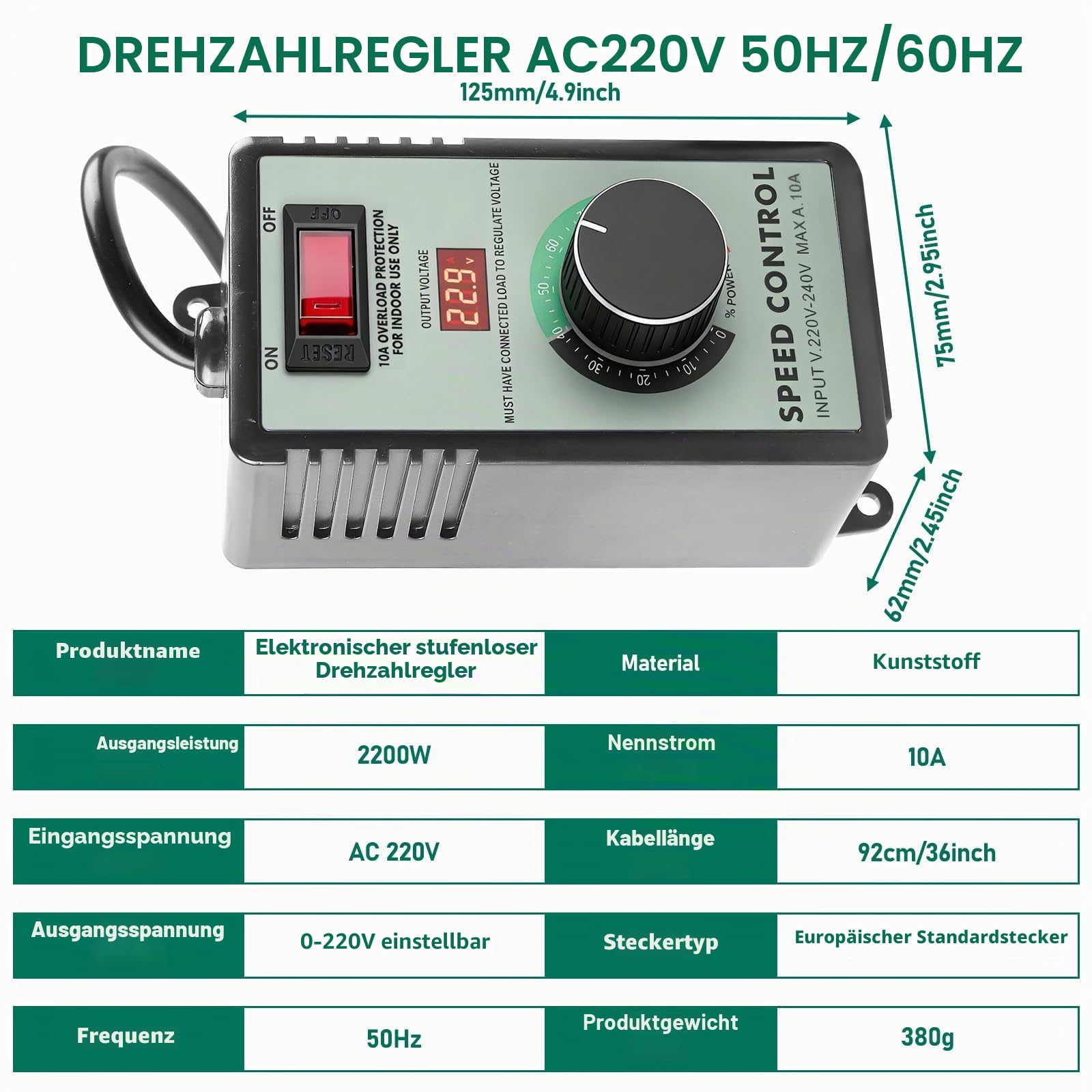 GBKDQQ Drehzahlregler 230v, Spannungsregler AC 230v 10A, Drehzahlregler Motor, Frequenzumrichter mit Überlastschutz für Winkelschleifer Bläser Handbohrer, Spitzenleistung 4000W