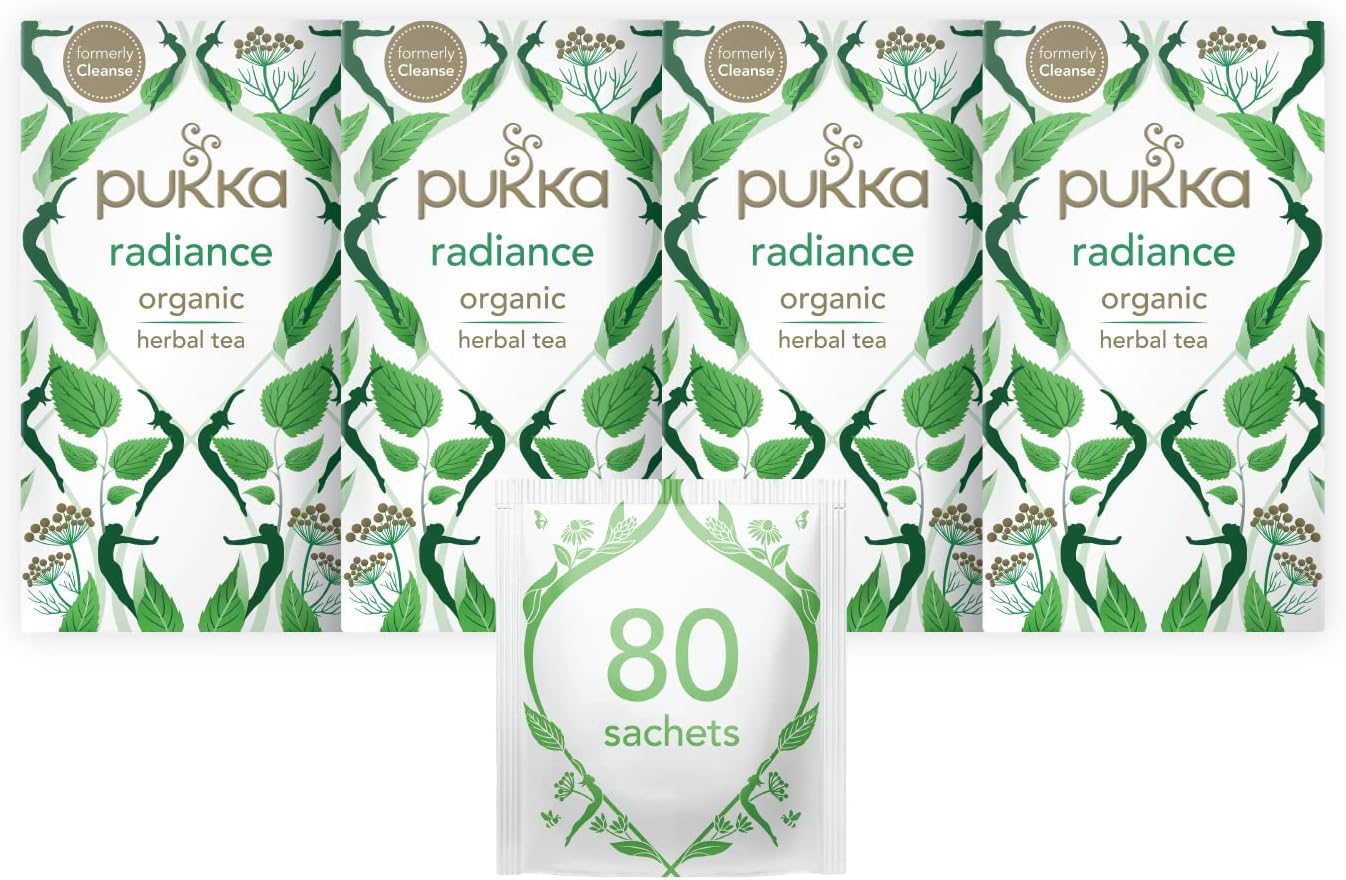 Radiance Organic Herbal Tea Box | Fennel, Aloe Vera, Peppermint, Dandelion and Nettle Tea | Perfect For An Inner Glow | Caffeine Free | 4 Packs | 80 Plant Based Biodegradable Tea Bags