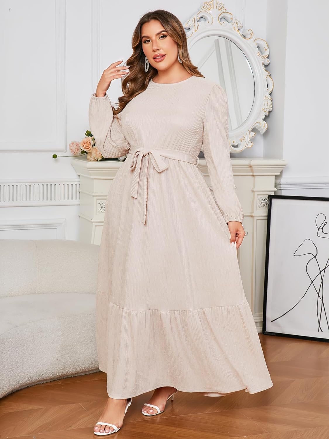 ZOMVA Plus Size Maxi Dress A Line Crew Neck Long Sleeve Elegant Casual Flowy Tiered Dresses with Pockets and Belt - Image 5