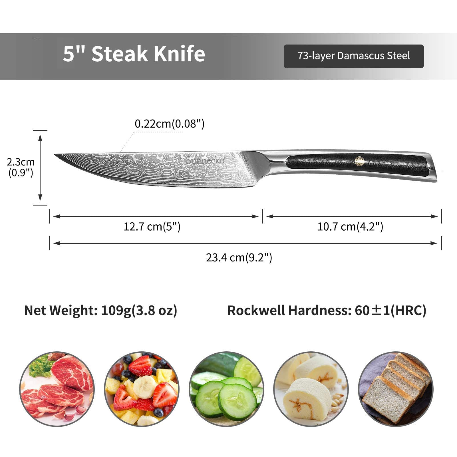 Sunnecko Couteau à Steak Japonais Professionnel 13cm, Couteau de Table en Acier Damas 73 Couches Poignée G10, Couteau de Cuisine Multifonction à Viande