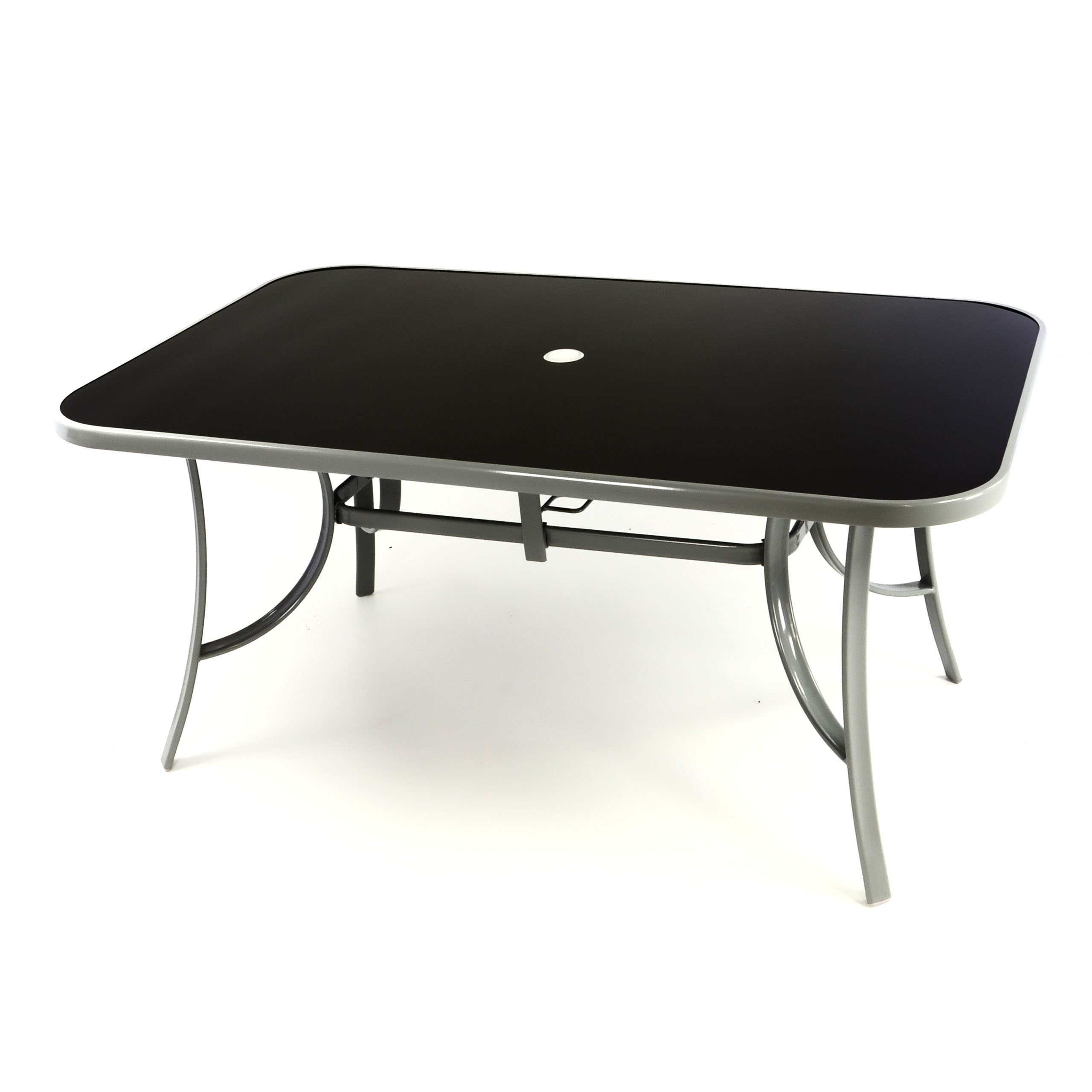 Nexos Gartentisch Esstisch Terrassentisch Glastisch Buffettisch Balkon-Tisch Glasplatte schwarz Gestell-Farbe Silber-grau 150 cm Stahl mit Schirmloch