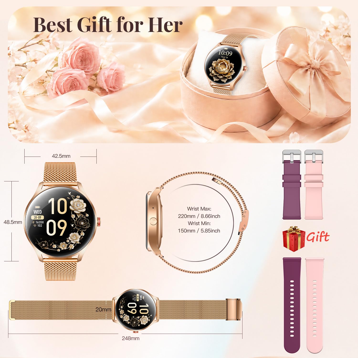 Montre Connectée Femme Sport Smartwatch: 1.27'' Ronde Montres Intelligente avec Appel Bluetooth Sante Moniteur de Sommeil Fonction Féminine SpO2 Etanche IP68 Podomètre Fitness Tracker pour Android iOS