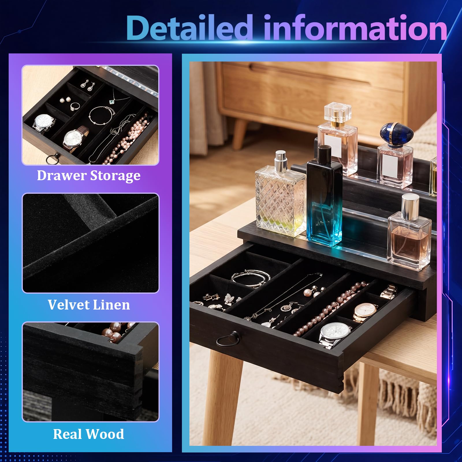 Organizador de perfumes de madera de 4 niveles con iluminación LED para hombres, organizador de perfume con cajón y múltiples modos de iluminación, soporte de exhibición de perfume con