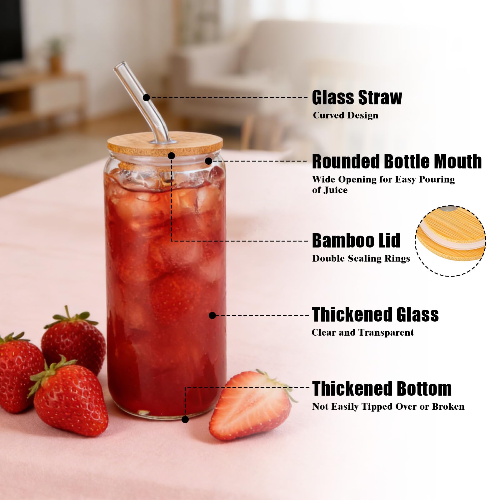 6 Pezzi Bicchieri di Vetro con Coperchi e Cannucce, 500 ml Bicchiere con Cannuccia, Tazze in Vetro da Caffè Ghiacciata, Bicchiere da Birra a Forma di Lattina, Bicchieri da Cocktail