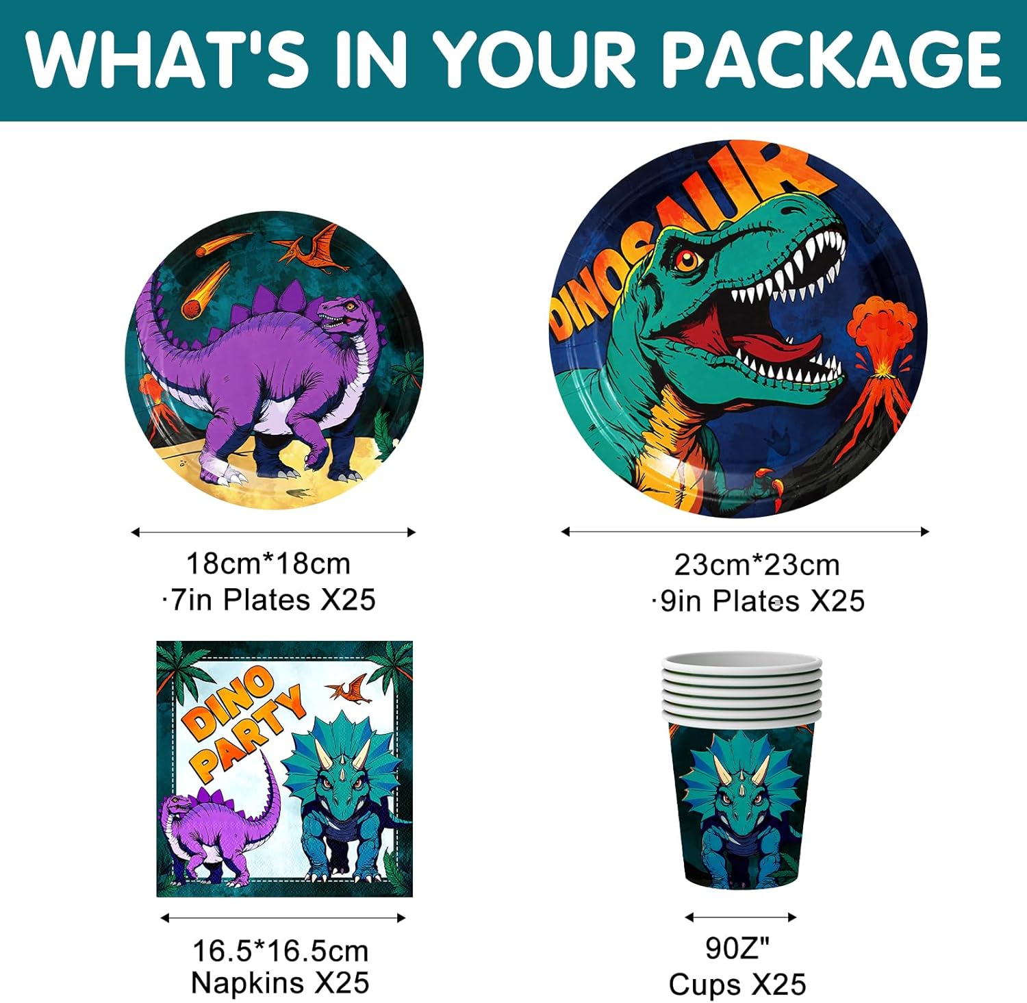 202 Pcs Dinosaur Birthday Party Supplies for 25 Guests – Complete Dino Tableware Set with Plates, Cups, Napkins, Cutlery, Straws & Tablecloth plus Bonus Checkers Game Party Decorations