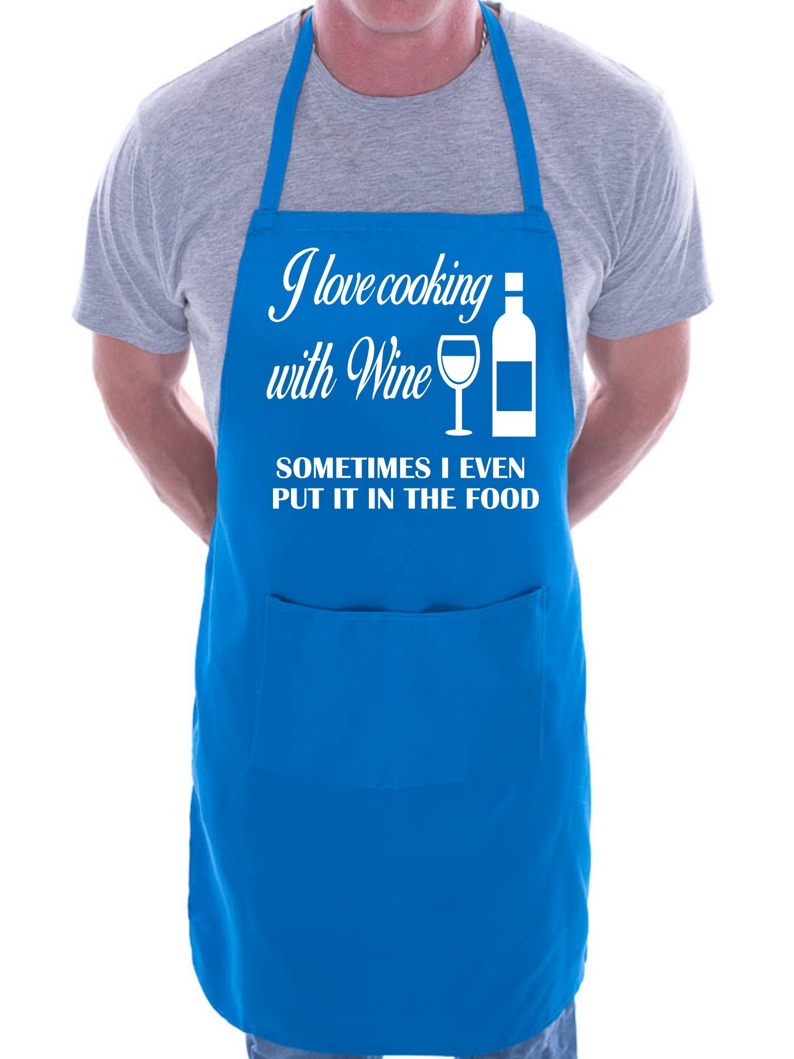 Print4U Love Cooking With Wine Fathers Day BBQ Cooking Novelty Apron Blue