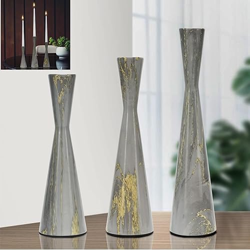 Miniatura 6 de Juego de 3 portavelas cónicos de metal para velas de pilar, juego de palitos de vela con patrón de mármol gris, centro de mesa decorativo moderno