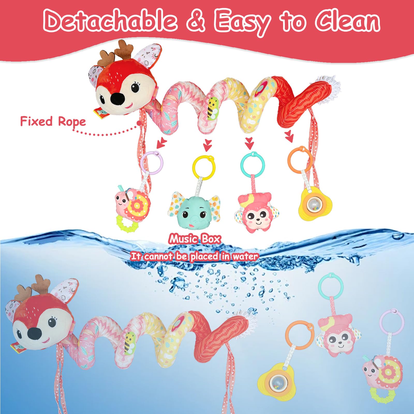 Spirale Passeggino Neonato Giochi 0-3 Mesi, Neonato Accessori Utili, Sonaglio Giochi Passeggino con Musicali, Regali per Neonati per Bambini da 6 a 12 Mesi, Peluche Cervo