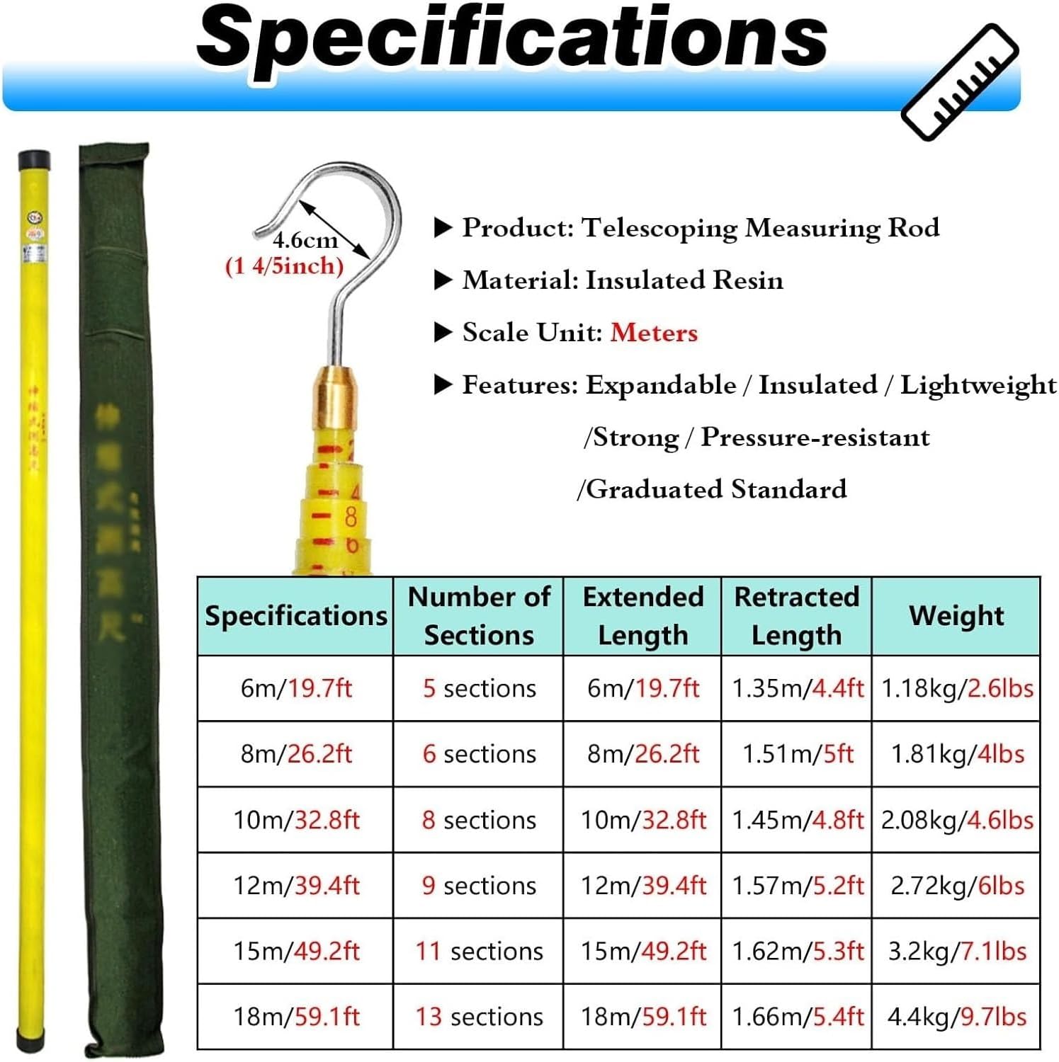 High Voltage Non-Conductive Survey Rods, Insulated Telescopic Measuring Rod with Hook, 18m/59.1ft, Multicolor Yellow, Perfect for Electrical Safety and Surveying