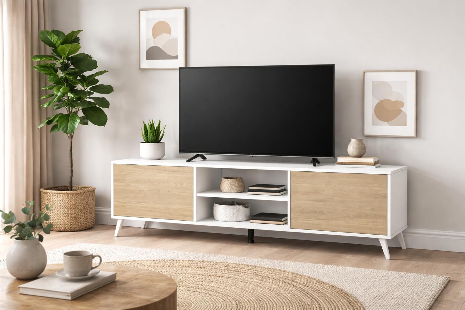 Meuble TV avec 2 Portes et 2 Compartiments pour Salon, Chambre. Dimensions : 180 x 49 x 39,6 cm (Largeur x Hauteur x Profondeur). Finitions Blanc Mat et Sable.