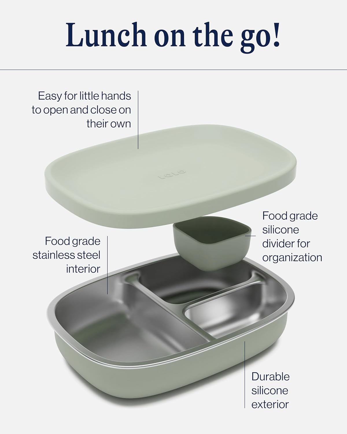 Lalo Bento Box - BPA-Free Bento Box For Kids & Toddlers, Leak-Proof, Dishwasher Safe, Easy to Open & Clean Silicone & Stainless Steel Lunch Box For Kids, Portable for Daycare or Travel - Sage