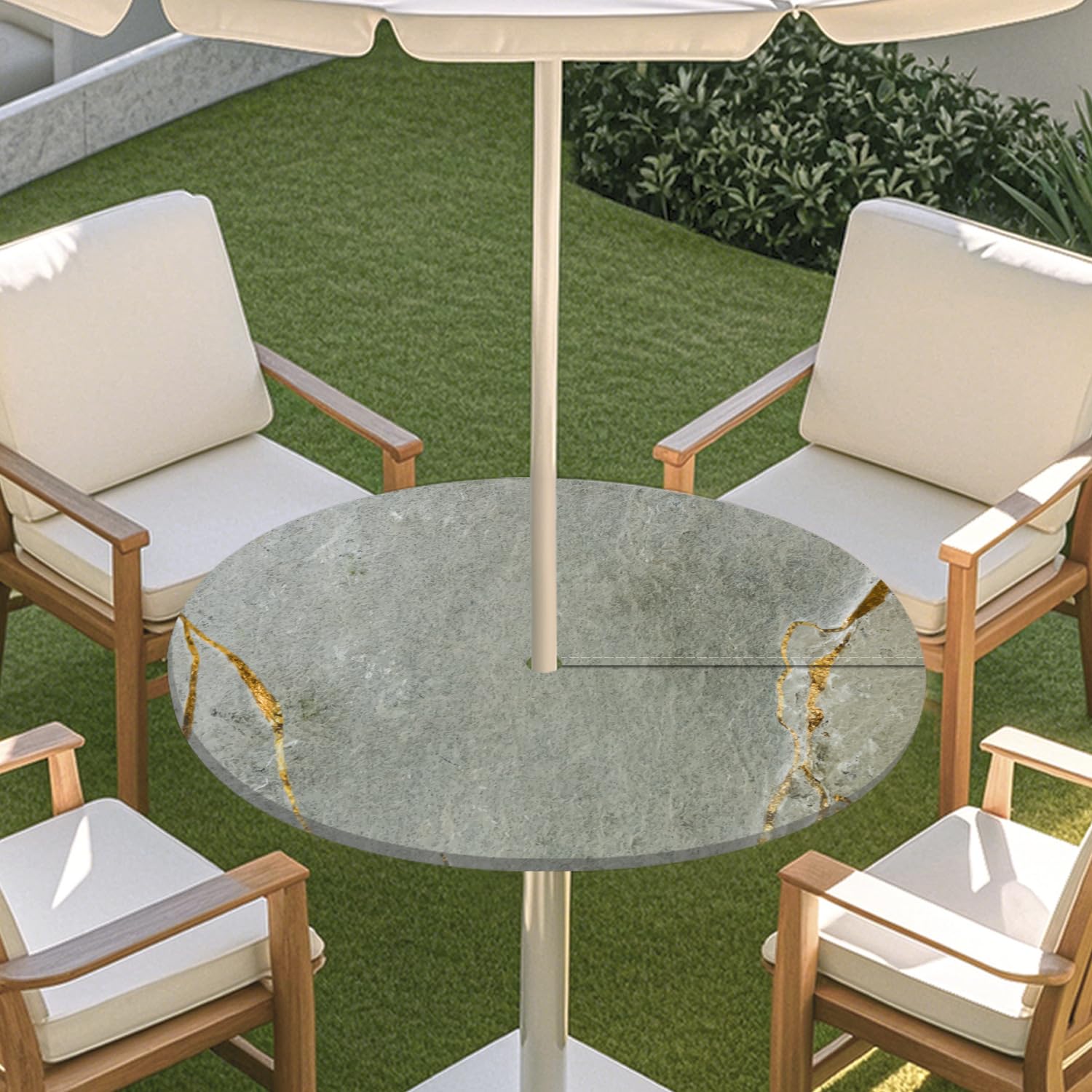 ENEN 3D Elastic Edge Round Table Cloth, Wipeable Round Tablecloth with Parasol Hole, Wipe Clean Outdoor Garden Waterproof Tablecloth for Tabletop Kitchen Picnic (Grey Marble,L: 114-137cm)