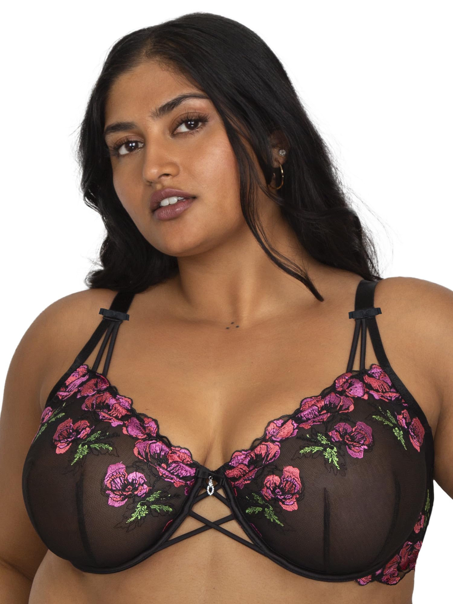 Curvy Couture Women's Lush Embroidery Unlined Underwire Full Coverage Balconette Bra