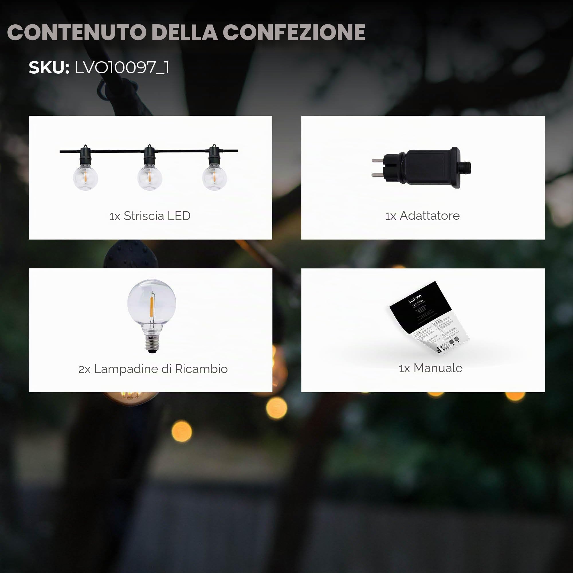 Ledvion - Catena Luminosa, 19.5 Metri, 30x E12 LED, IP44 Impermeabile, 9W, 2700K, Illuminazione per Esterni