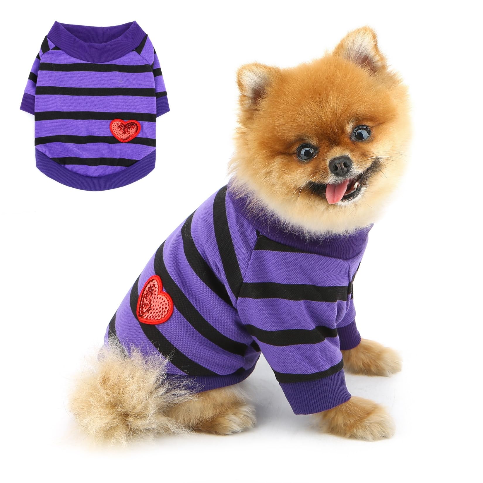 PAIDEFUL Striped Dog Shirt for Small Dogs, Soft Cotton Jersey Puppy T-Shirt with Sequins Heart, Breathable Short Sleeve Summer Pet Vest for Chihuahua Yorkie Cats,Purple,L