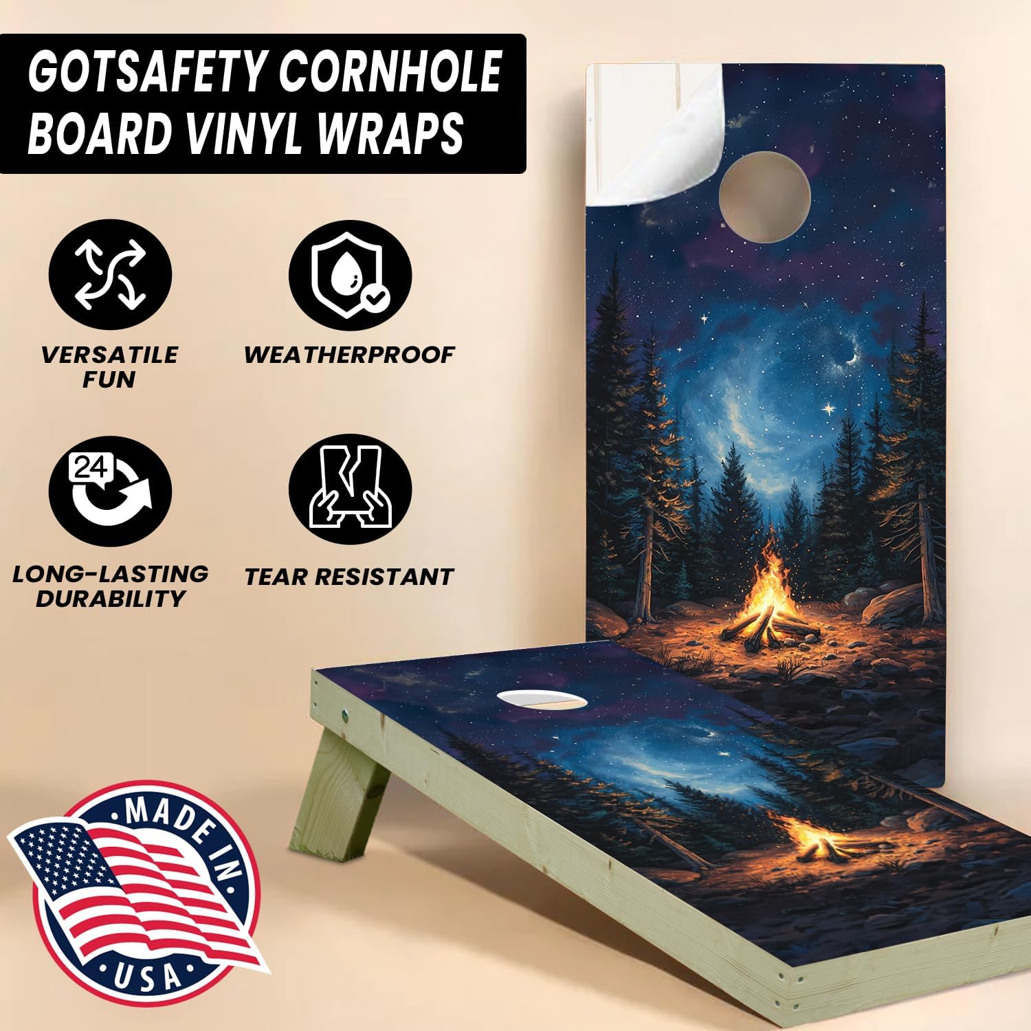 Gotsafety Camp Fire Cornhole Decal, Cornhole Board Vinyl Wraps Only - Durable and Easy to Apply & Adhesive - UV Protected & Printing, Set of Two - Cornhole Skins for Boards (48” x 24”)