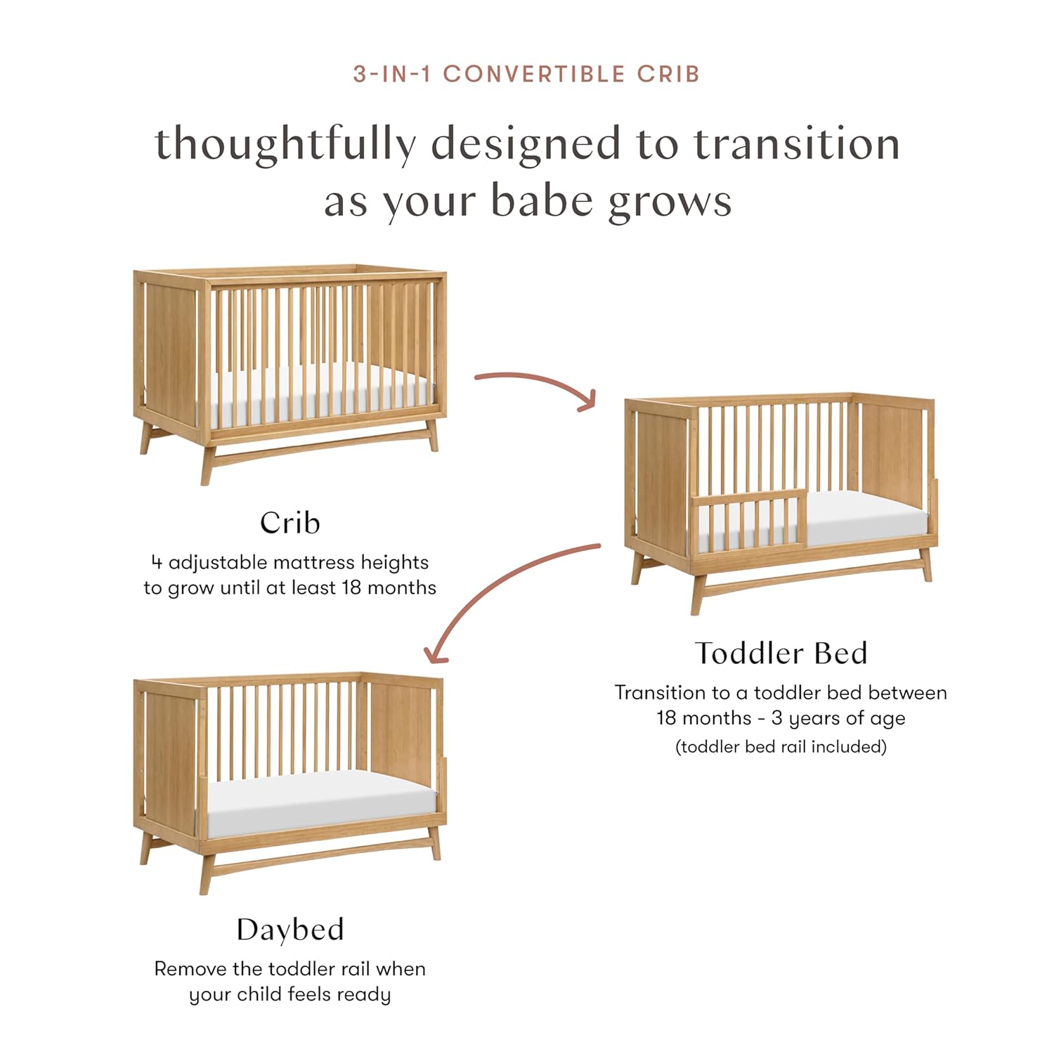 Babyletto Peggy 3-in-1 Convertible Crib with Toddler Bed Conversion Kit in Honey, Greenguard Gold Certified