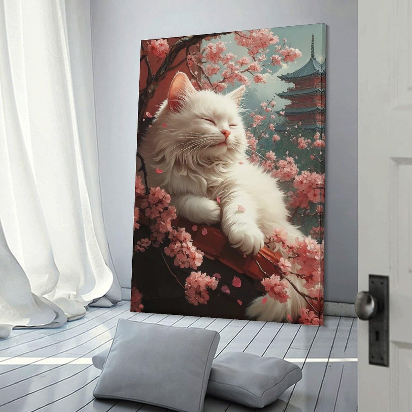 Junmoney Canvas Wall Decor White Cat with Cherry Blossoms, 24x36inch(60x90cm), for Lounge Decor, Bedroom Walls Or Flats, Eye Catching Artwork for Blank Walls