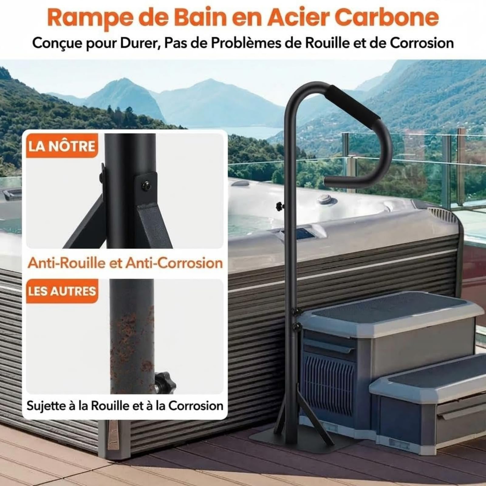 Jaccuzie zewnętrzna, poręcz spa ze światłami LED, pojemność 270 kg, 4-osobowa sztywne spa 143 x 50 x 14,8 cm, obrotowa o 360° rampa boczna z regulowaną wysokością