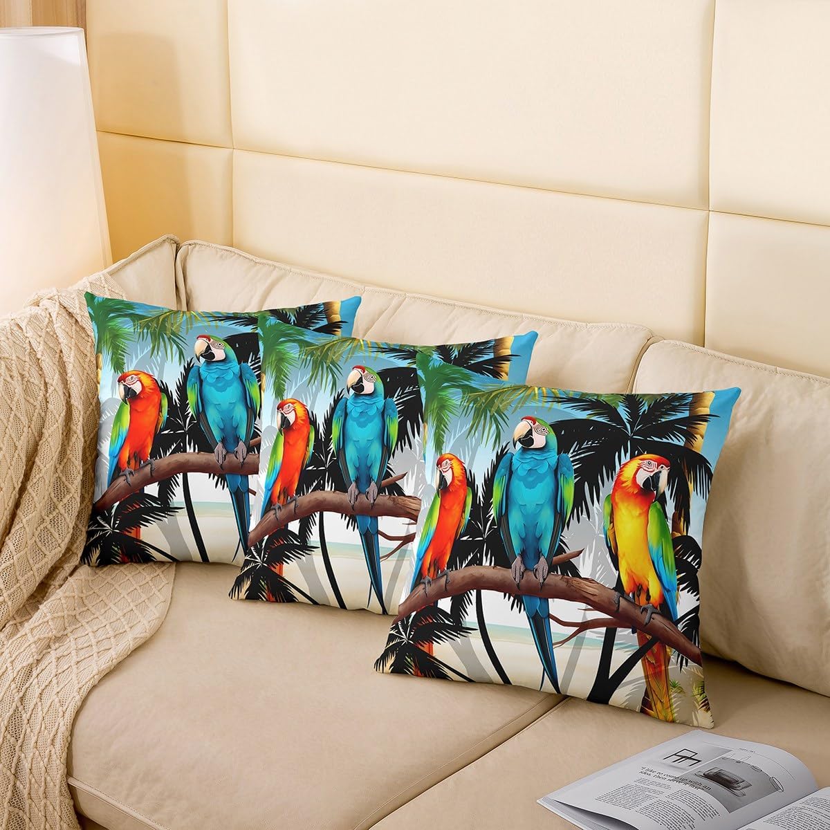 Set of 2 Cute 3D Parrot 22x22 Inch Pillow Covers Green Palm Leaf Cushion Cases Colorful Bird Feather Throw Pillow Covers Hawaiian Tropical Botanical Decorative Square Pillow Cases Reversible