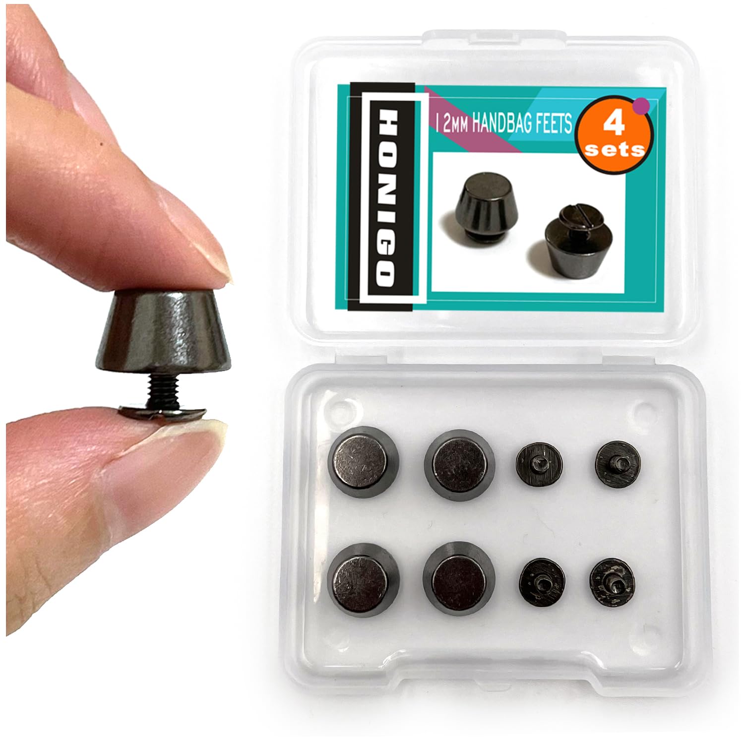Honigo 4 Pack Gun Black Rivets Stud Handbag Purse Feet 1/2 inch Flat Head Metal Solid Brass Studs Screw Back Feet 12mm Buckle Spikes Leathercraft for Leather Bag Totes DIY Craft