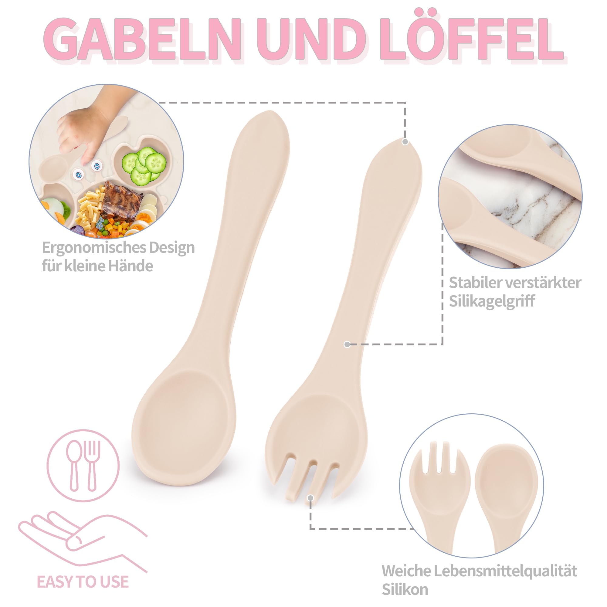 Lot de 8 couverts pour bébé en silicone avec ventouse, sans BPA, avec assiette, cuillère, fourchette, bol, bavoir, gobelet d'apprentissage, pour bébé fille et garçon