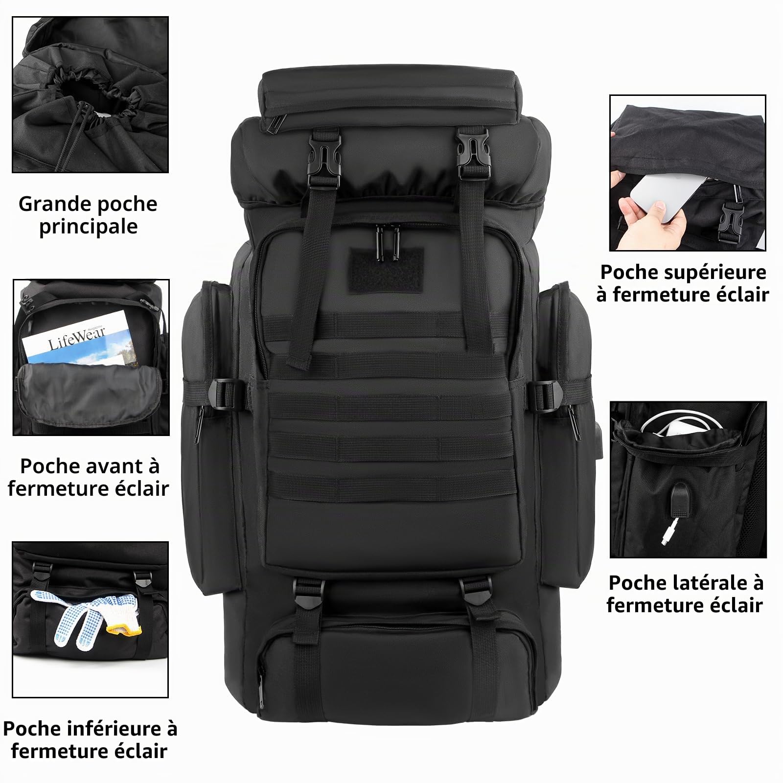 Sac à dos de randonnée Molle de grande capacité - Cadre tactique durable - 80 l - Sac à dos avec port de charge USB pour homme et femme - Pour le camping, l'escalade, l'extérieur, les voyages