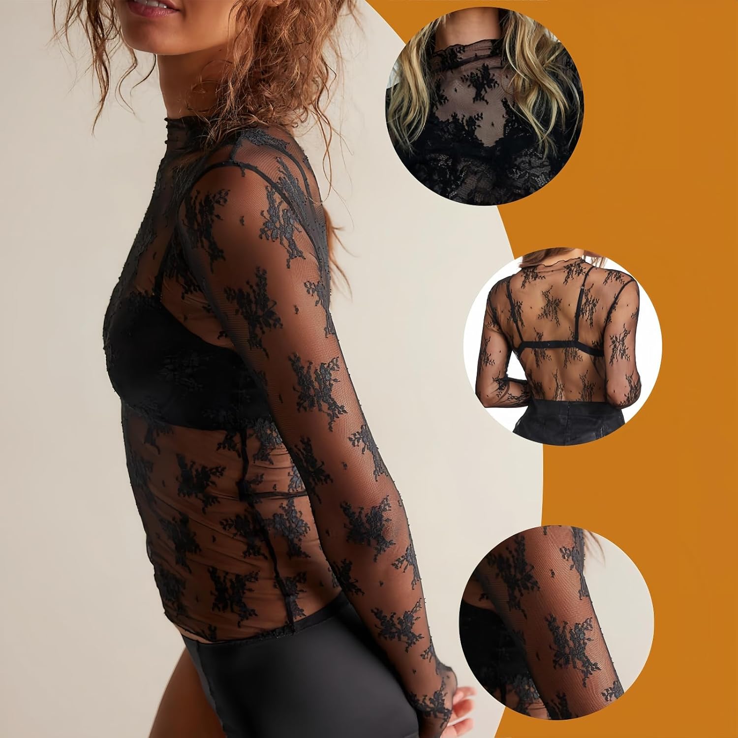 Floral Mesh Long Sleeve Tops for Women Sheer Lace Tops Mock Neck Sexy Going Out Tops for Casual Spring Outfits - Image 4