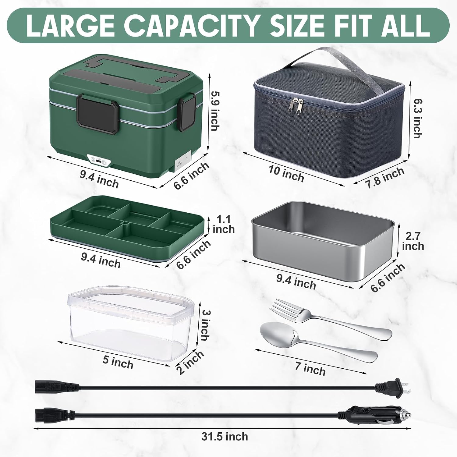 Electric Lunch Box Food Heater: 3.5 Liters Double Layer Heated Lunch Box for Adults, 90W Food Warmer for Car/Truck/Office Use, Ideal for Men, Women, Adults with Fork & Spoon and Insulated Carry Bag