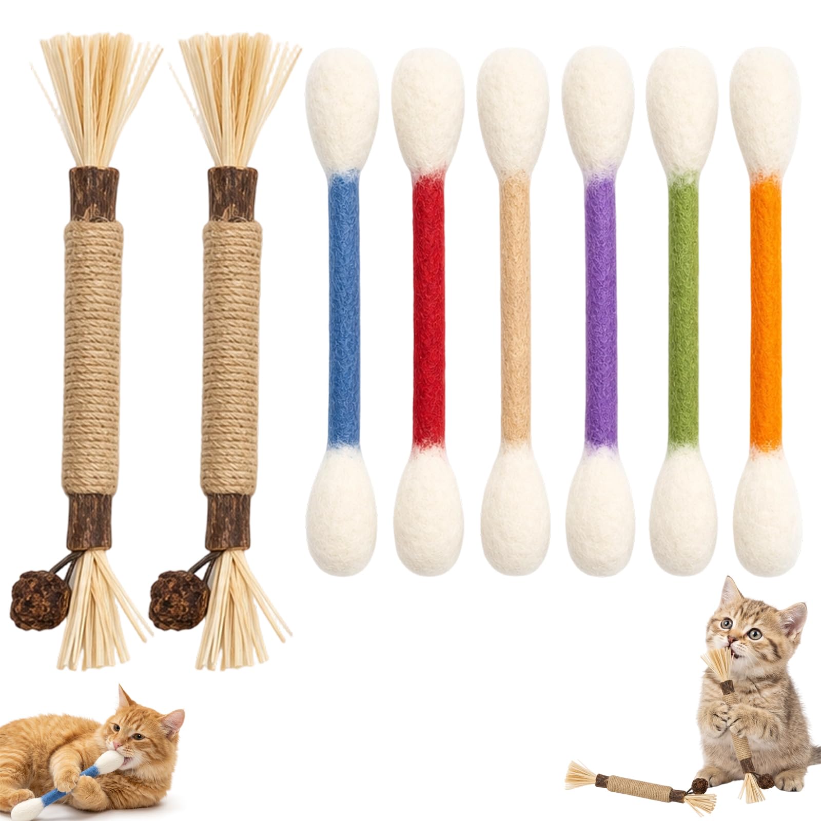 BeoTnp Cat Toys, 8pcs Cat Toys for Indoor Cats Adult, Interactive Cat Toy Set With Cotton Swab Toys and Silvervine Sticks, Interactive Playtime Accessories For Indoor Cats